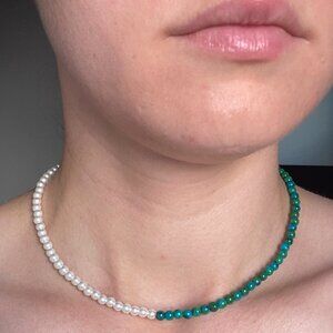Handmade Half Pearl Half Green Beaded Necklace – Short Length